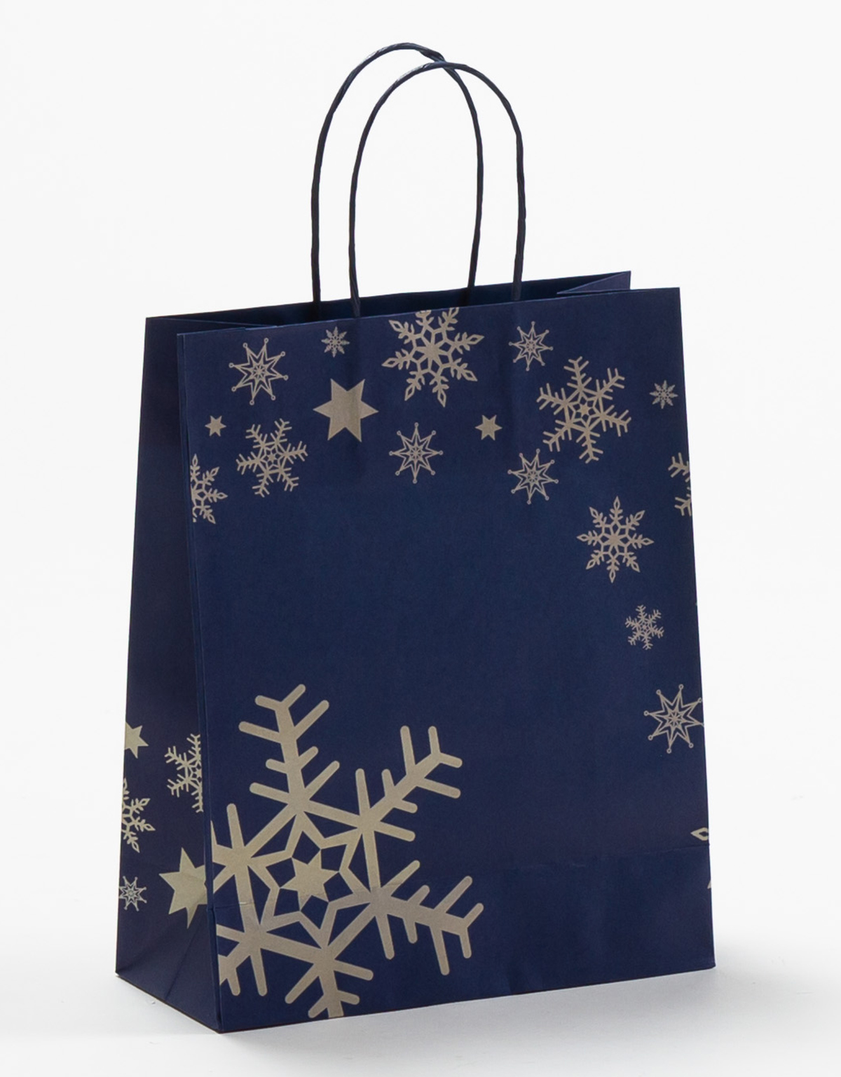 Produktbild Papiertragetaschen mit Randumschlag Schnee Eiskristalle blau/silber  in der Größe 22 x 10 x 27,5 + 5 cm